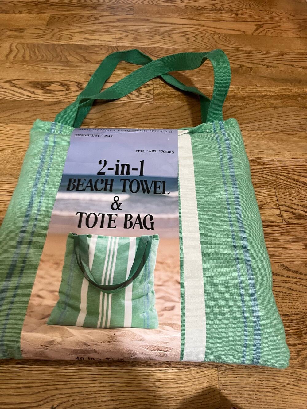 2-in-1 Beach Towel Tote Bag Green Striped 40x72 100% Cotton